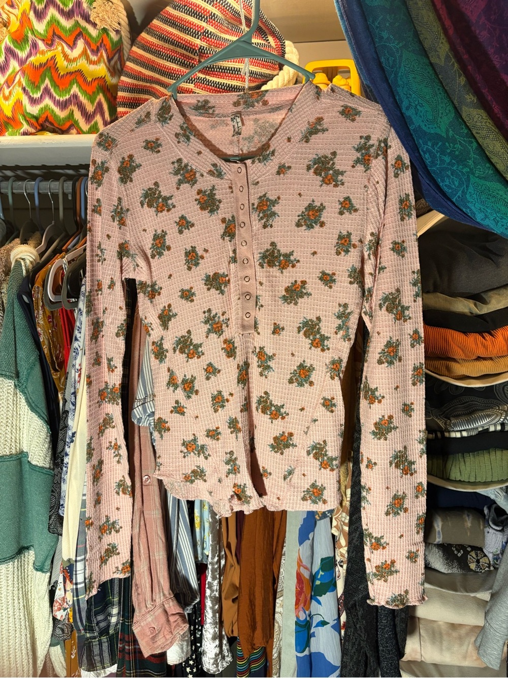 Free People ‘One of the Girls’ Waffle-Knit Floral Henley Blouse in Dusty Pink